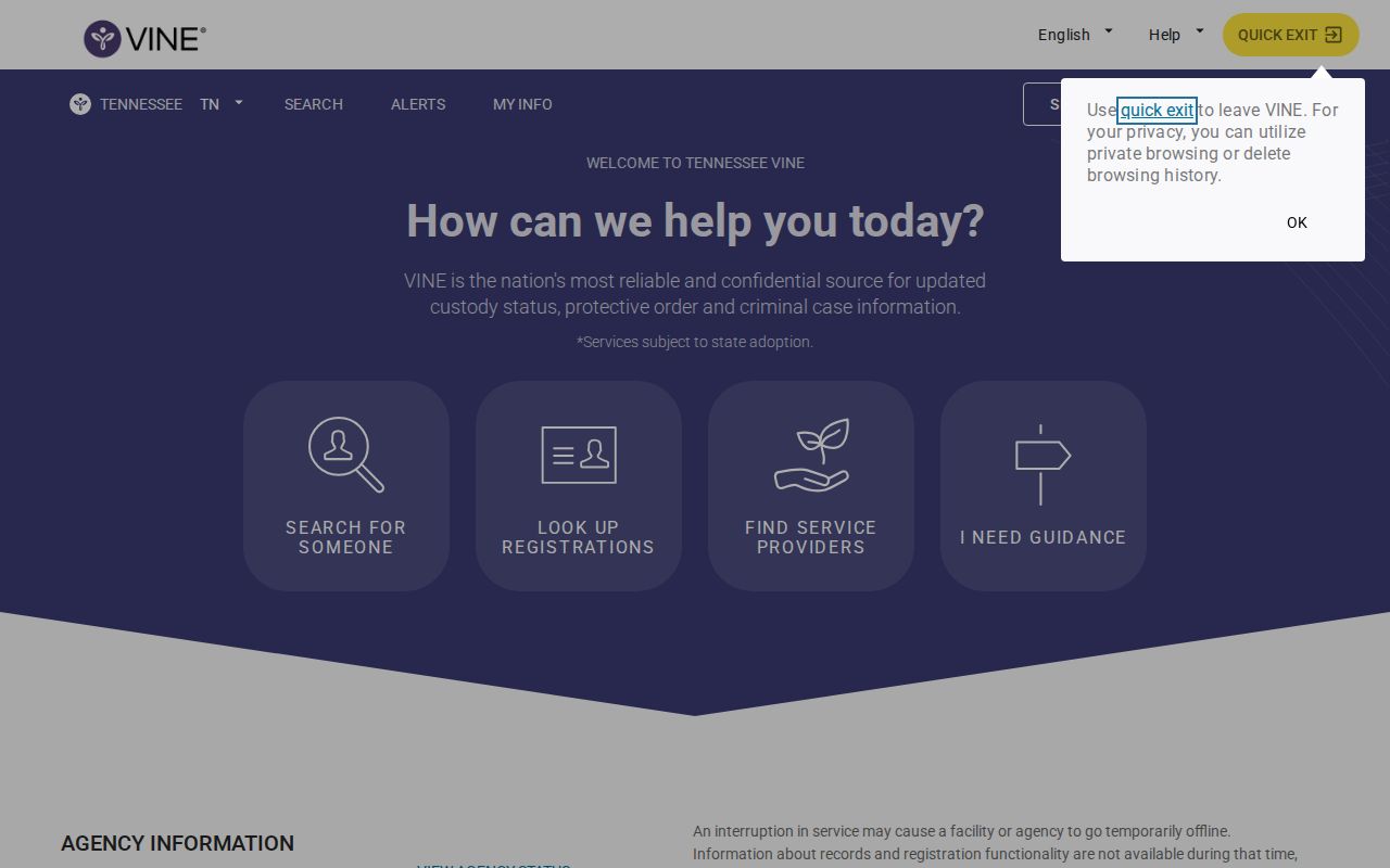 Tennessee state VINELink arrest check landing page